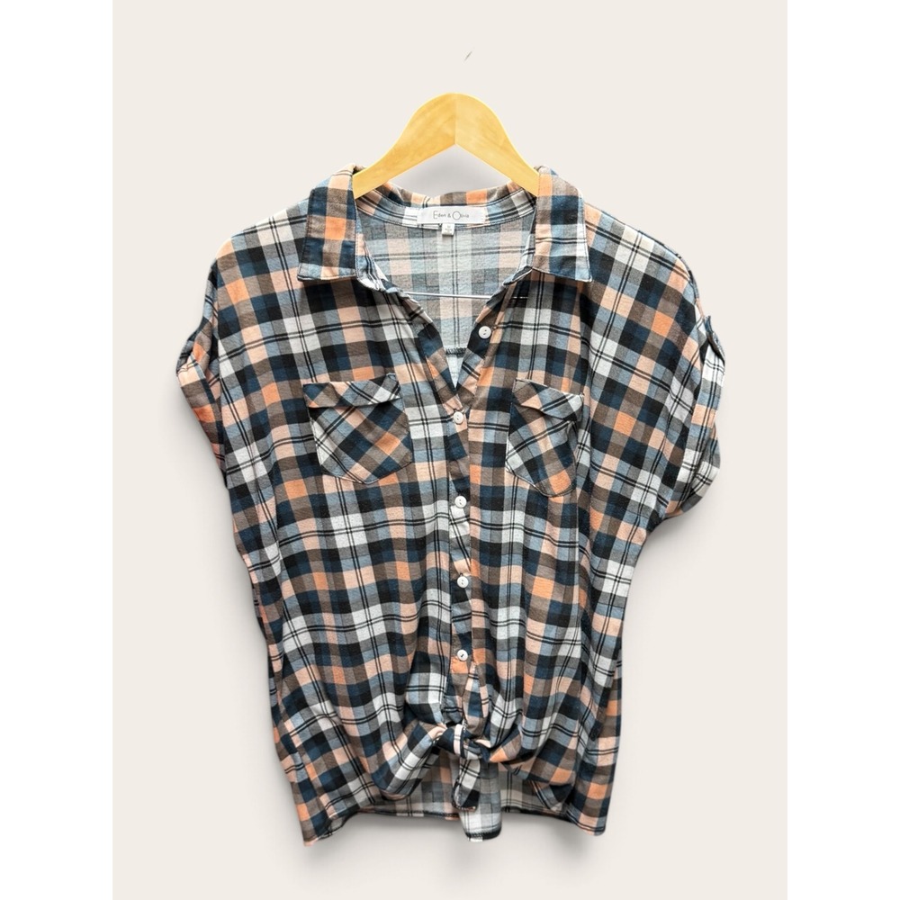 Eden & Olivia Womens Plaid Tie Front Button Down Shirt Blue Orange Size Medium